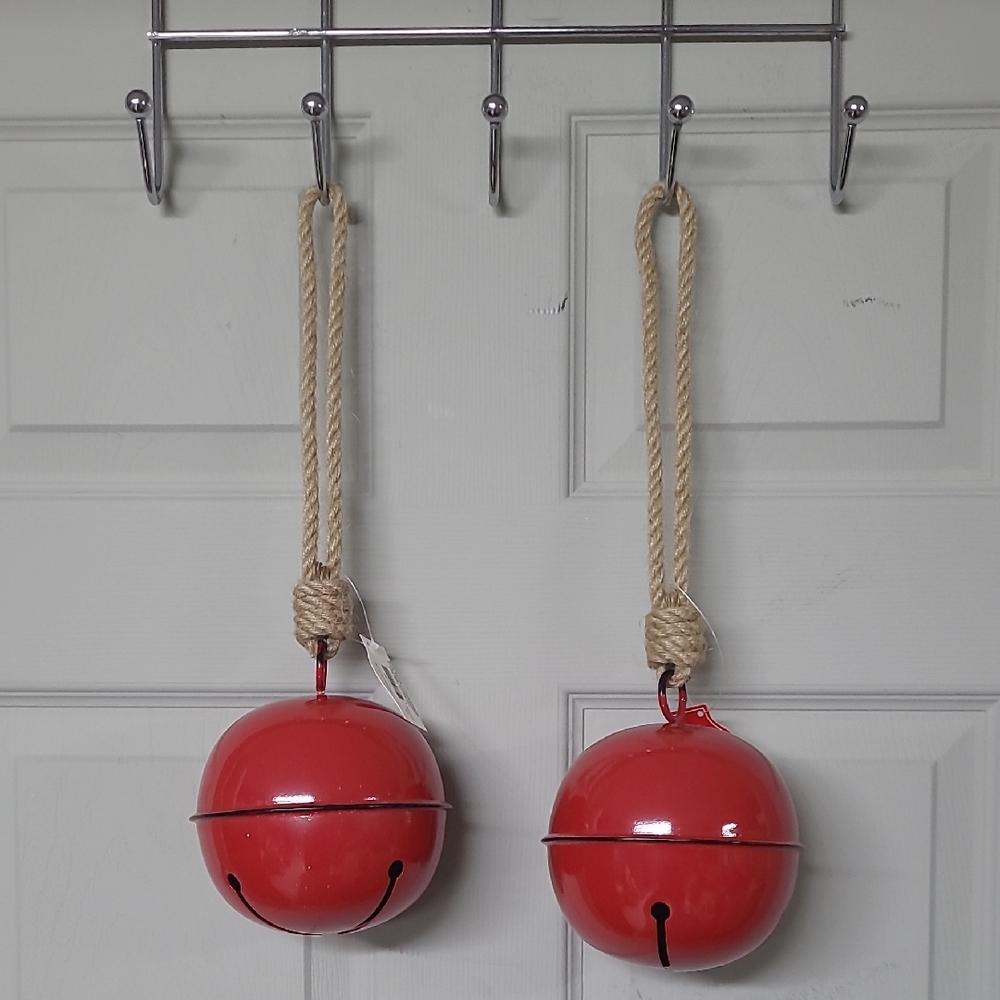2-Holiday Time 5-inch (12.7cm) Jingle Bell Red Metal Jute Rope NWT